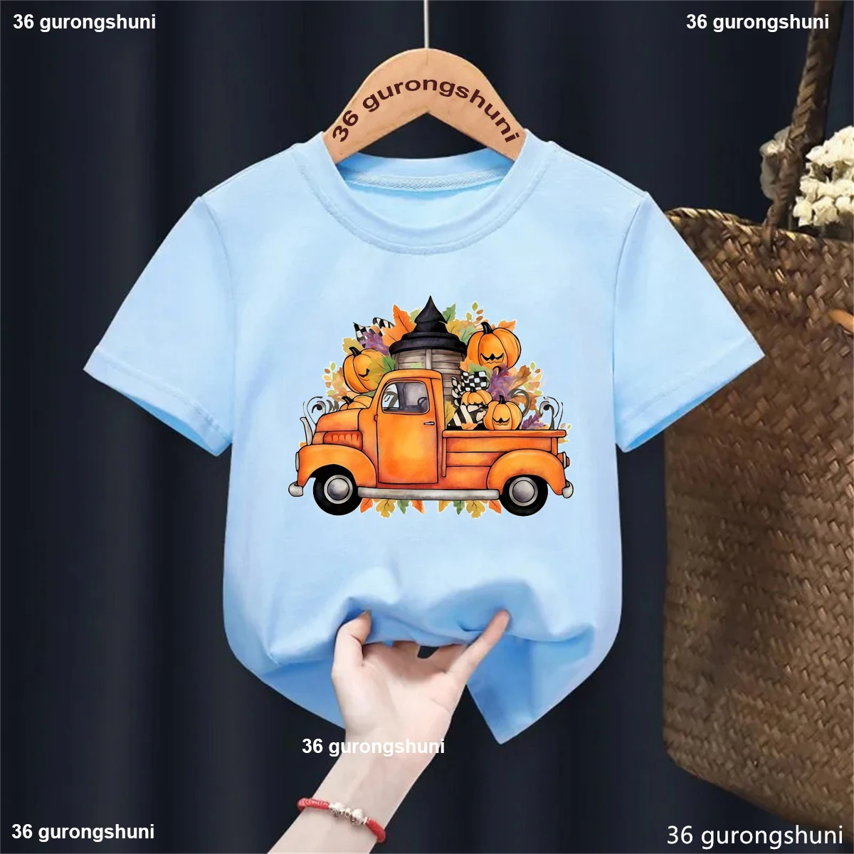 

Pumpkin Tractor Printed Tshirt Girls/Boys Thanksgiving Gift Kids Clothes Short Sleeve Solid T-Shirt Harajuku Shirt