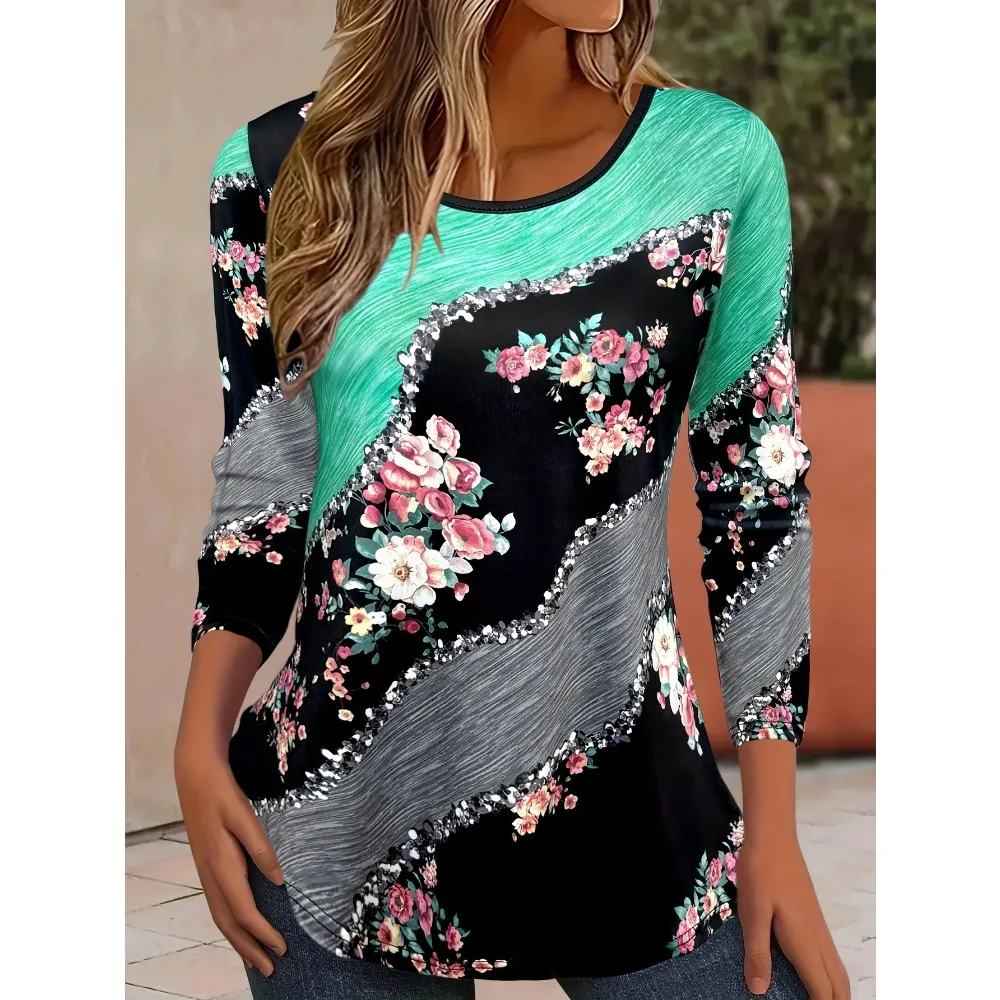 Vibrant Floral 3D Print Crew Neck Long Sleeve T-Shirt Fashion Pattern Women Clothing Casual Y2k Clothes Harajuku Female Clothing