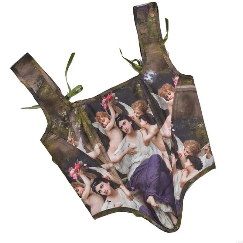Retro Oil Painting Pattern Bustier Back Tied Closure Soft Corset Band Top For Special Occasion Halloween Party