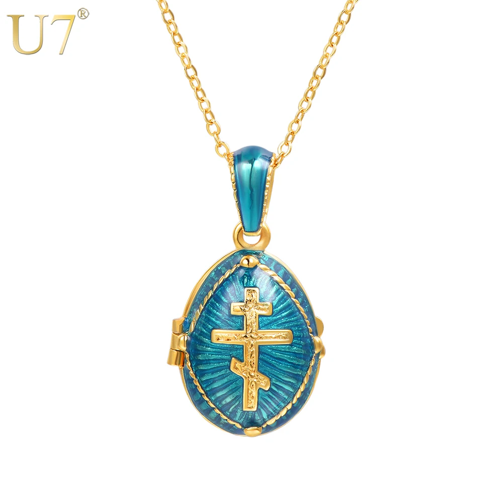 U7 Orthodox Cross Blue Red Oval Openable Locket Necklace Glaze of Enamel Gold Color Religion Christians Memorial Jewelry Women