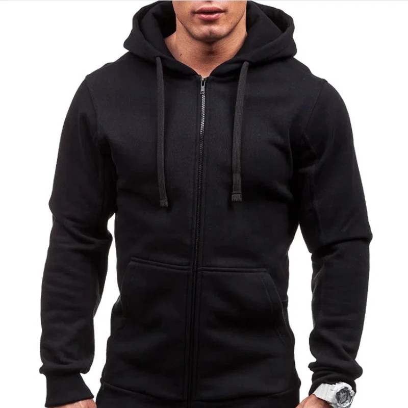 Spring Autumn New Fashion Solid Color Hooded Long Sleeve Cardigan Man High Street Zipper Patchwork Pockets All-match Sweatshir