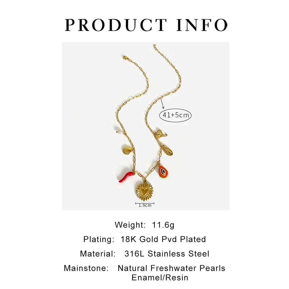 DIEYURO 316L Stainless Steel Red Enamel Pepper Pearl Shell Heart Sun Pendant Necklace Lady Waterproof New Vacation Neck Chain