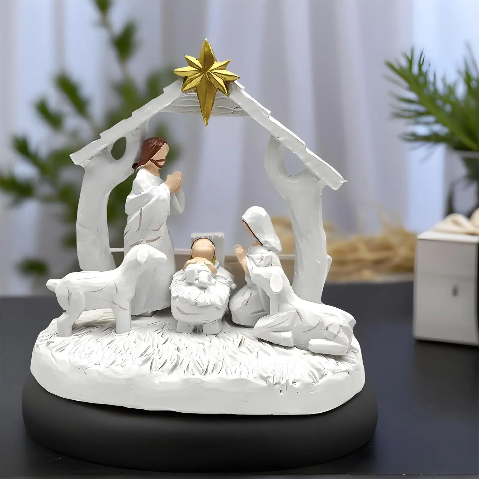 Nativity Scene Resin Jesus Birth Home Decor Manger Scene Nativity Christmas Decorations for Indoor Desk Shelf Bedroom Living