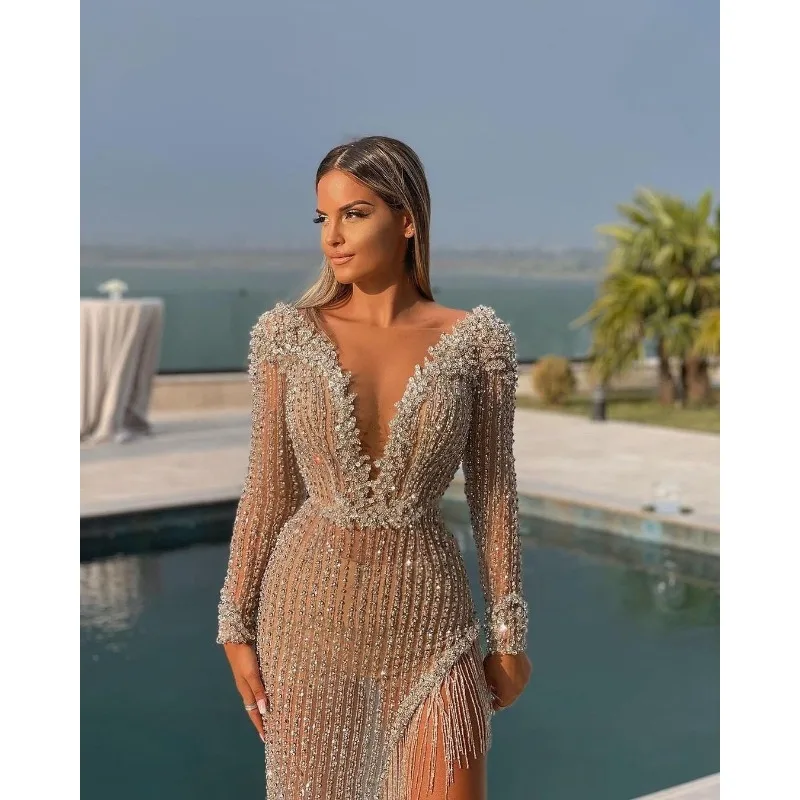 2024 Women hot gold Dress Sexy Net Ladies V-neck Formal Party Dress Female long-sleeved Slim sexy evening dresses