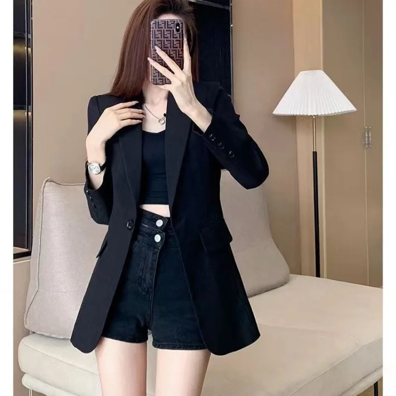 A High-end Black Women's Suit Jacket Design-sense Top Cinched Waist Casual Mid-length One-button Suit A New Autumn Fashion Style