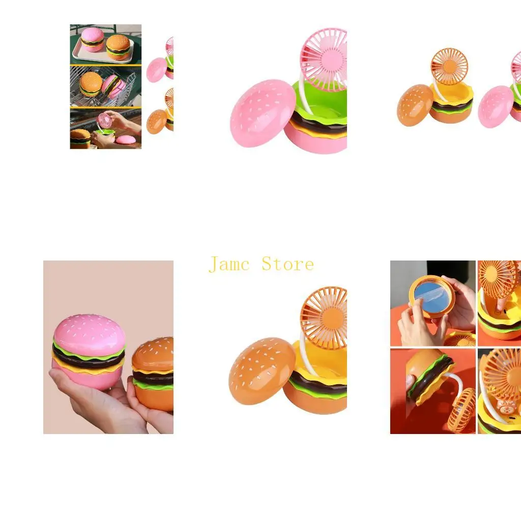 LX0B Adorable Hamburger Design Small Fan 3 Speed Setting Rechargeable Via USB Cable Portable For Summer Use