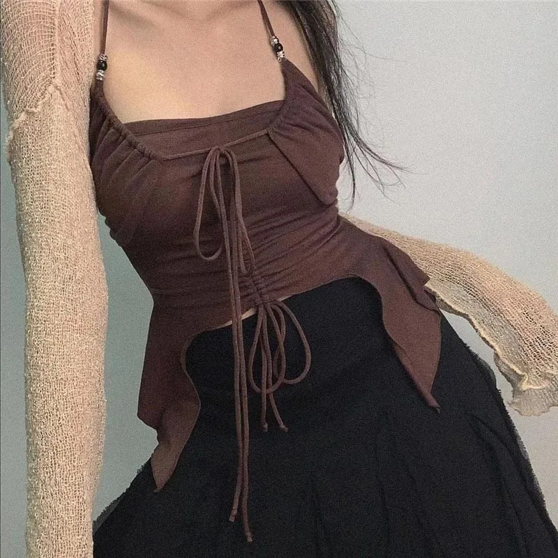 

Korean Style Design Sense Hanging Neck Y2k Tank Chest Drawstring Lace Vest Women's Autumn and Winter Irregular Bottoming Tops