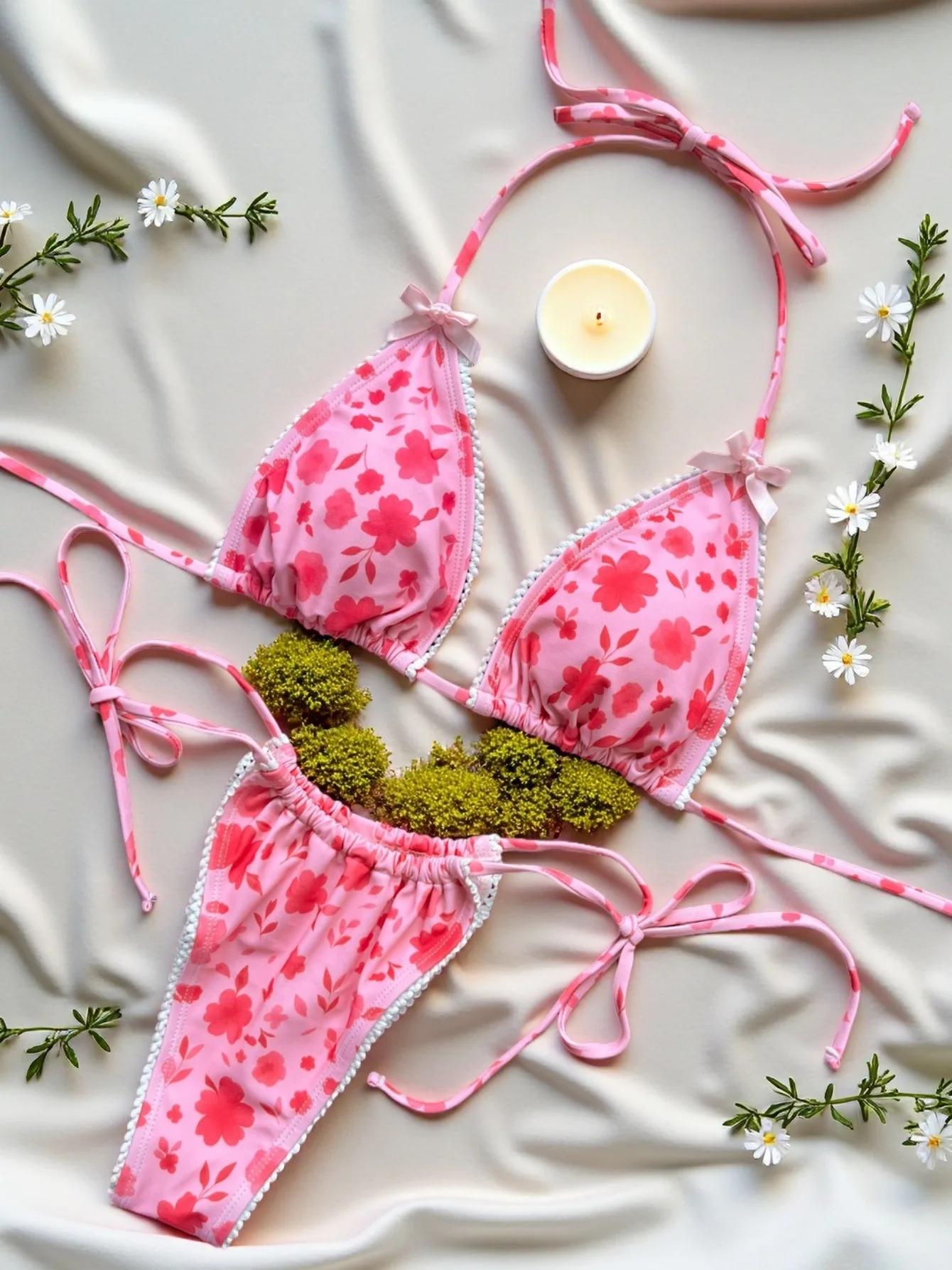 

2026 Floral Print Halter Strappy Bikini Female Swimsuit Women Swimwear Two-pieces Bikini Set Bow Knotted Bathing Suit Swim Lady