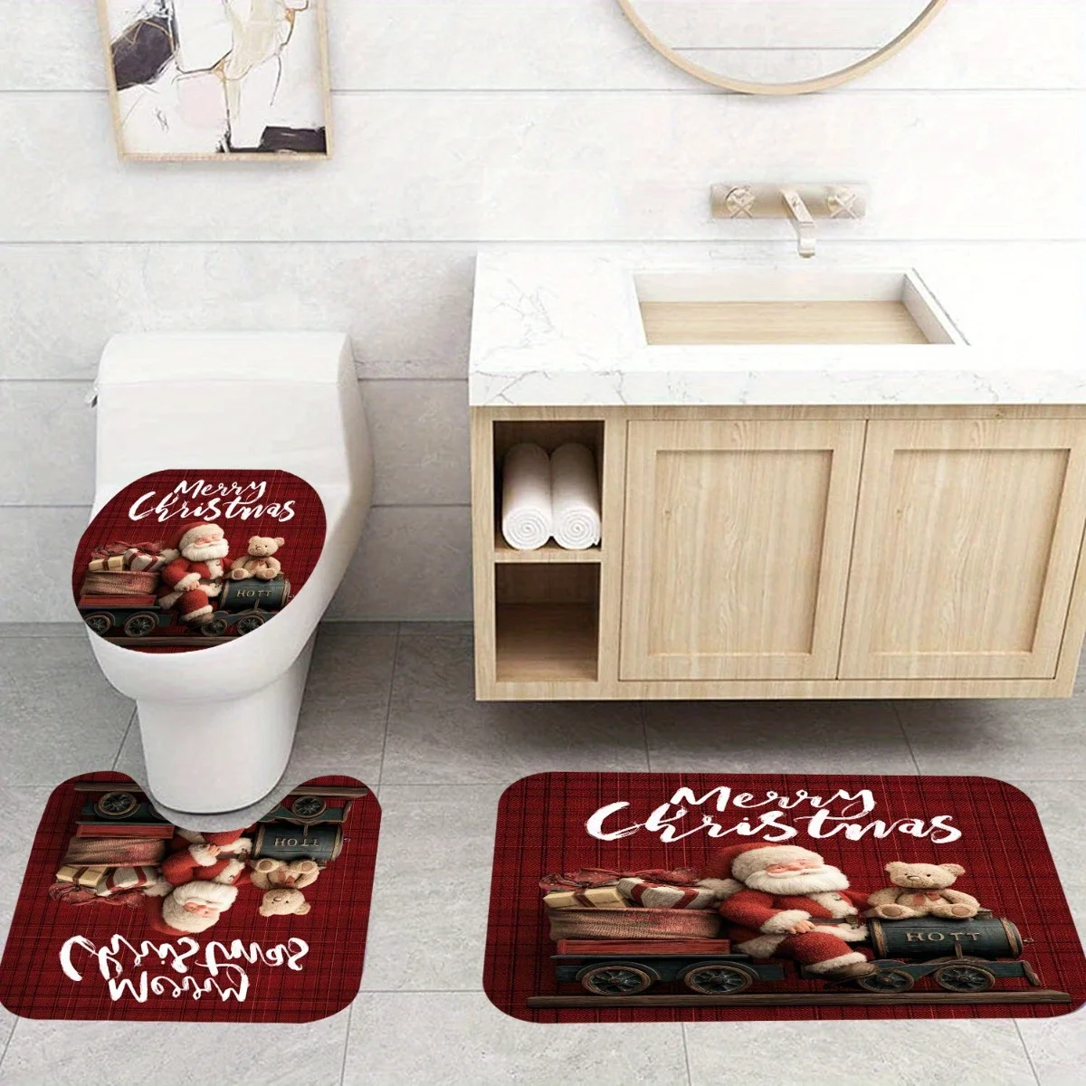 3pcs Christmas Bathroom Mat Set with Santa Claus & Teddy Bear Design - Soft Polyester Non-Slip Bath Mats, Toilet Lid Cover