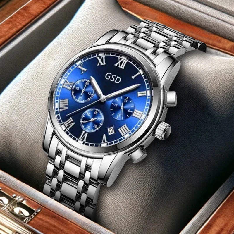 

Мужские практичные кварцевые часы с синим циферблатом и календарем в деловом стиле с тремя глазами и серебряным стальным ремешком.
