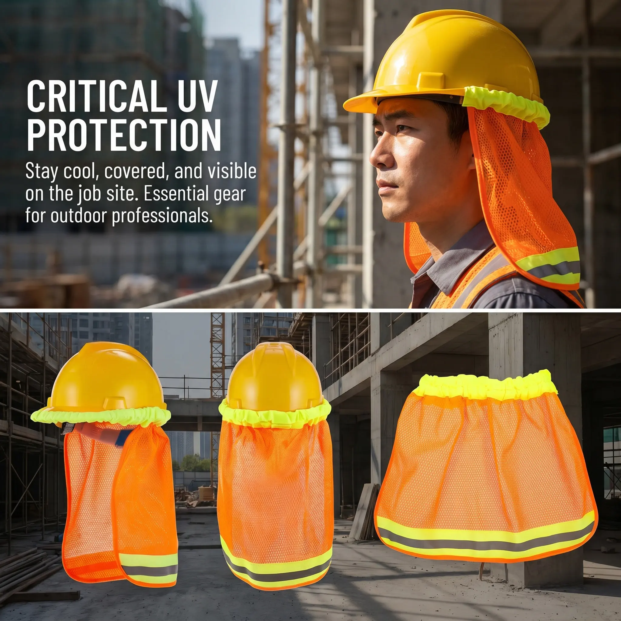 Polyester Hard Hat Neck Protector Reflective Strips Sun Shade Visor for Men Women Construction Workers Outdoor Activities Hard