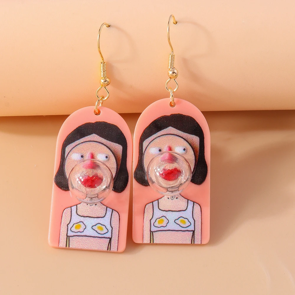 Creative Funny Blowing Bubbles Girl Drop Earrings for Women Girls Cartoon Character Earrings Party Holiday Jewelry