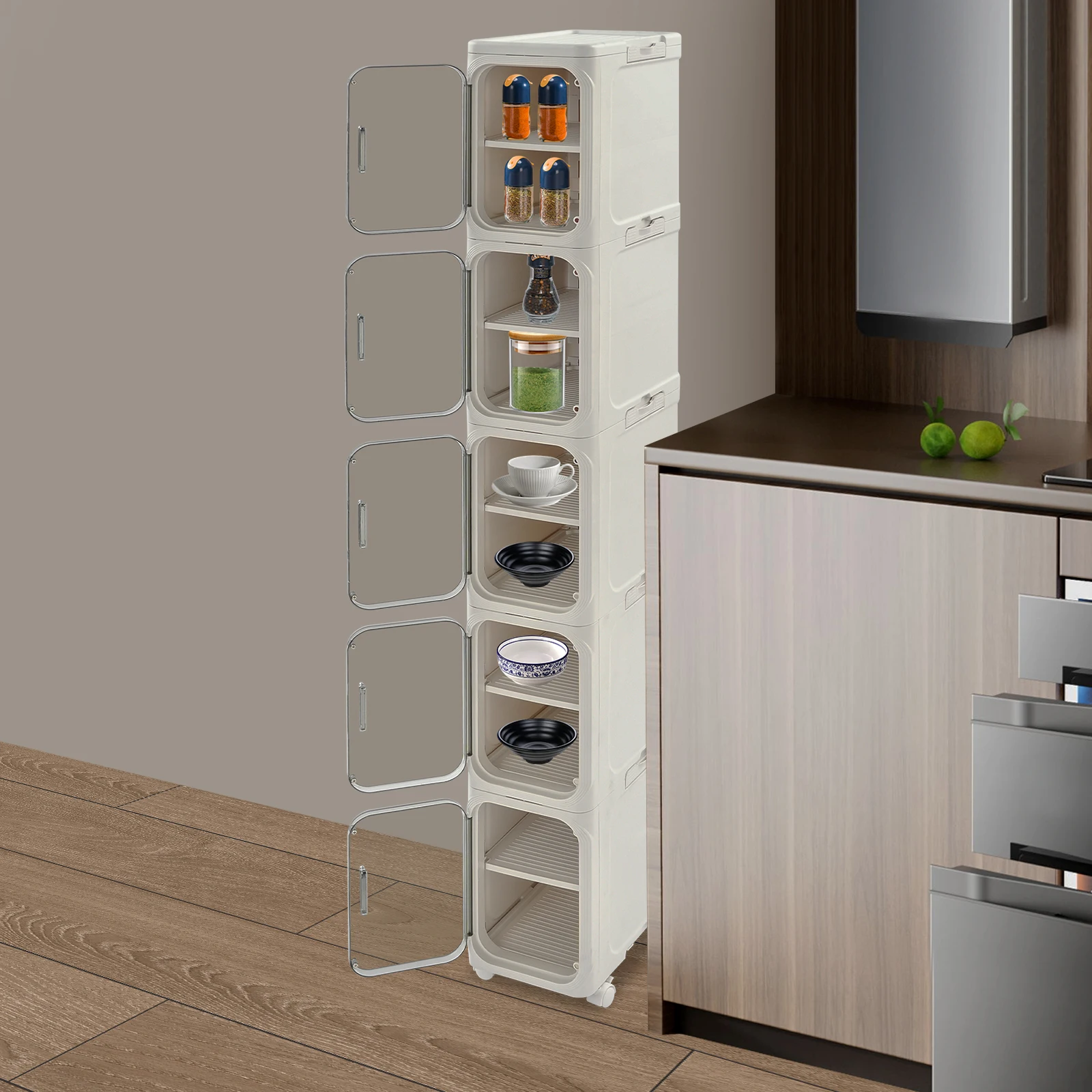 

5-Tier Tall Narrow Storage Cabinet, Slim Storage Cabinet with Wheels, Narrow Organizer for Small Space, Bathroom, Laundry