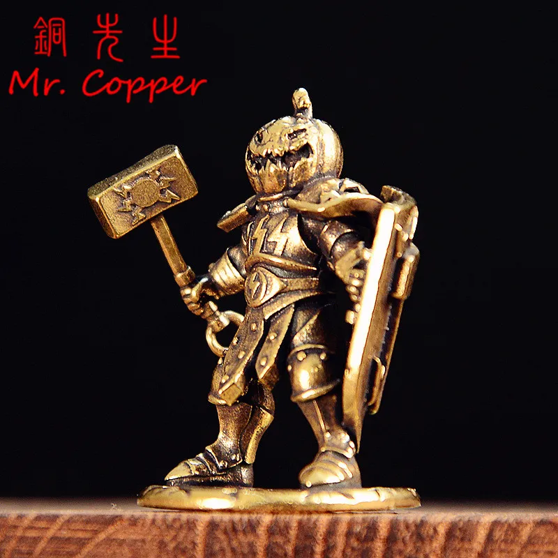 Retro Brass Made Shield Soldier Statue Pumpkin Demon Warrior Display With Hammer Pumpkin Headgear Figurine Home Office Decors