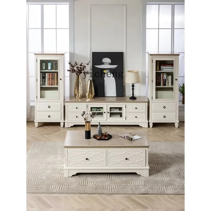 Solid Wood Carving Flower Coffee Table TV Cabinet Combination Light Cream Holiday Home Furniture Small ApartmentD18