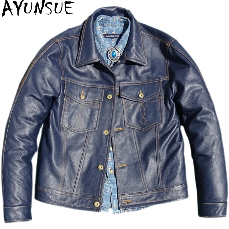 

AYUNSUE Genuine Cow Leather Jackets for Man New Fashion Short Real Cowhide Mens Leather Jacket High Quality Jaqueta Masculina