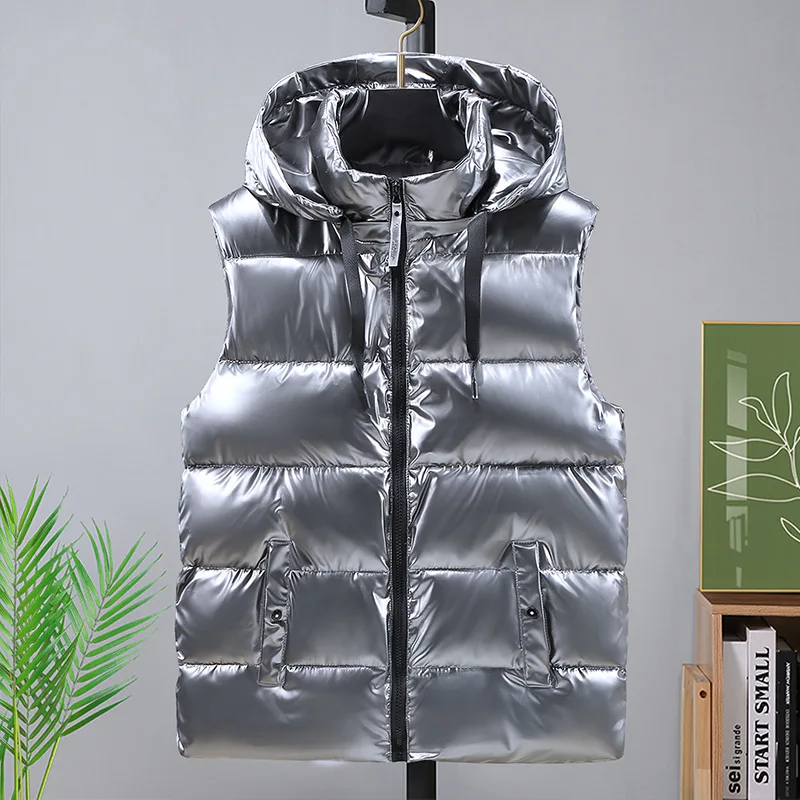 

New Surface Shiny Black Grey Vest Waistcoat Men With Hooded Casual Warm Thick Mens Vest Jacket Zipper Outerwear Autumn Winter