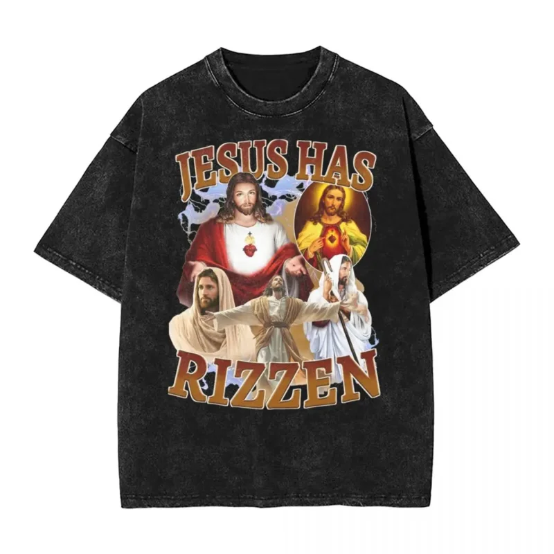 Washed T Shirt Jesus Has Rizzen Hip Hop Vintage T-Shirt Oversize Christian Religious Streetwear Cotton Tops Tee Shirt Men Women