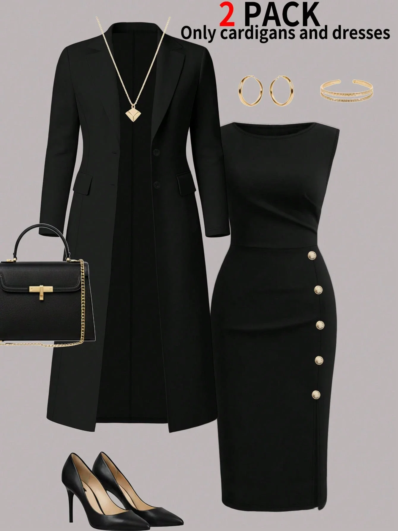 

Women 2-Piece Set Solid Minimalist Long Cardigan + Sleeveless Bodycon Midi Dress For Office Daily Wear
