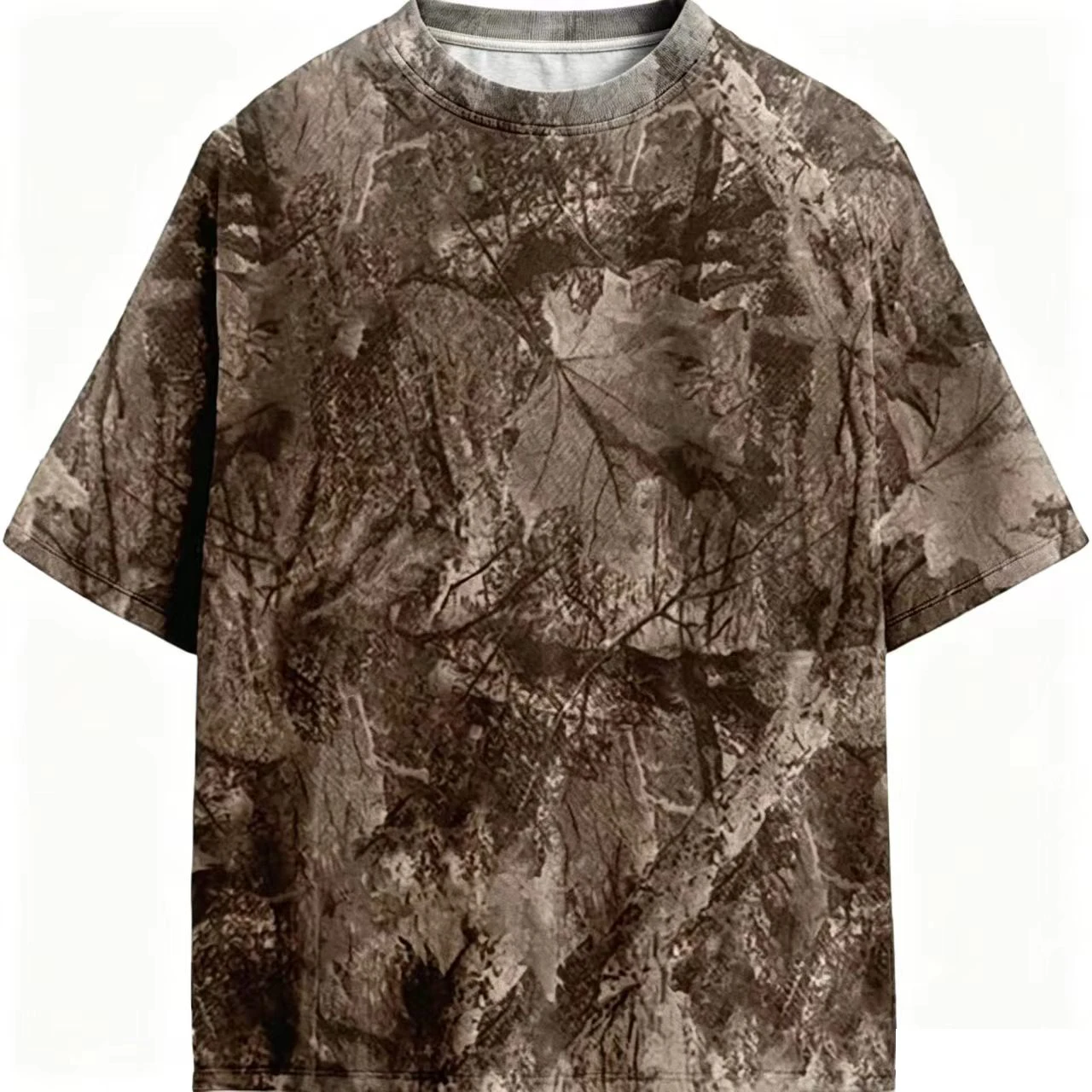 Men's Leaf Camouflage T-shirt with Bionic Tree Pattern Hunting Style Full Print Round Neck Loose Short Sleeve Outdoor Casual Top