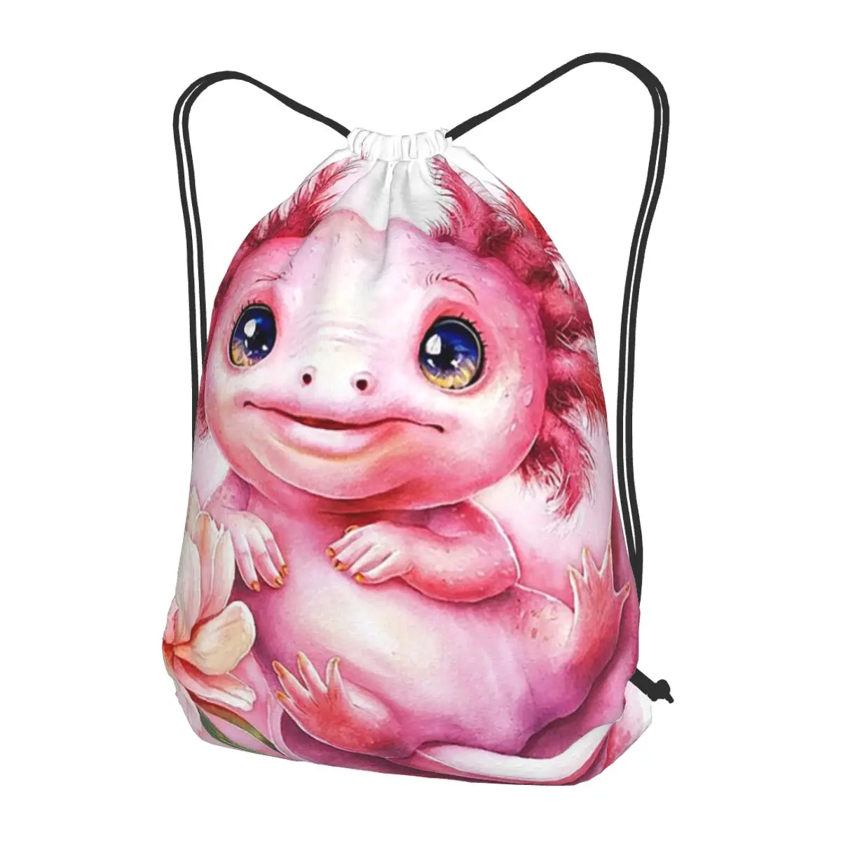 Cartoon Pink Axolotl Salamander And Pink Flowers Backpacks Drawstring Bundle Pocket Shoes Bag Book Bags for Travel Students