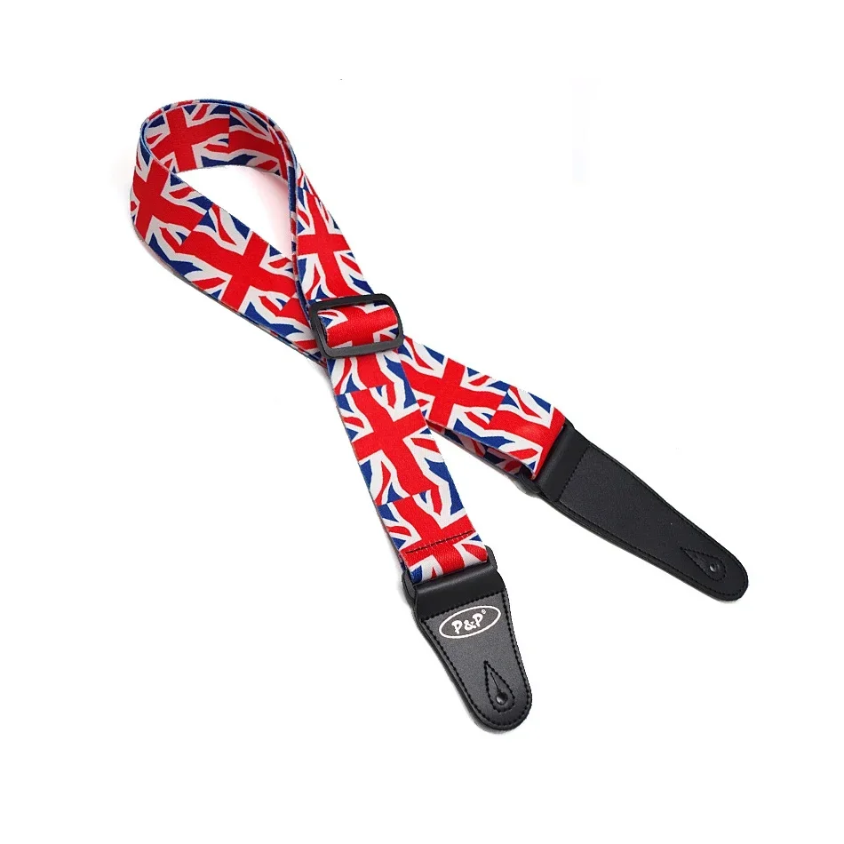 New National Flag USA UK Canada Slash Design Cotton 2\' Adjustable Bass Acoustic Electric Guitar Strap Black Leather Ends