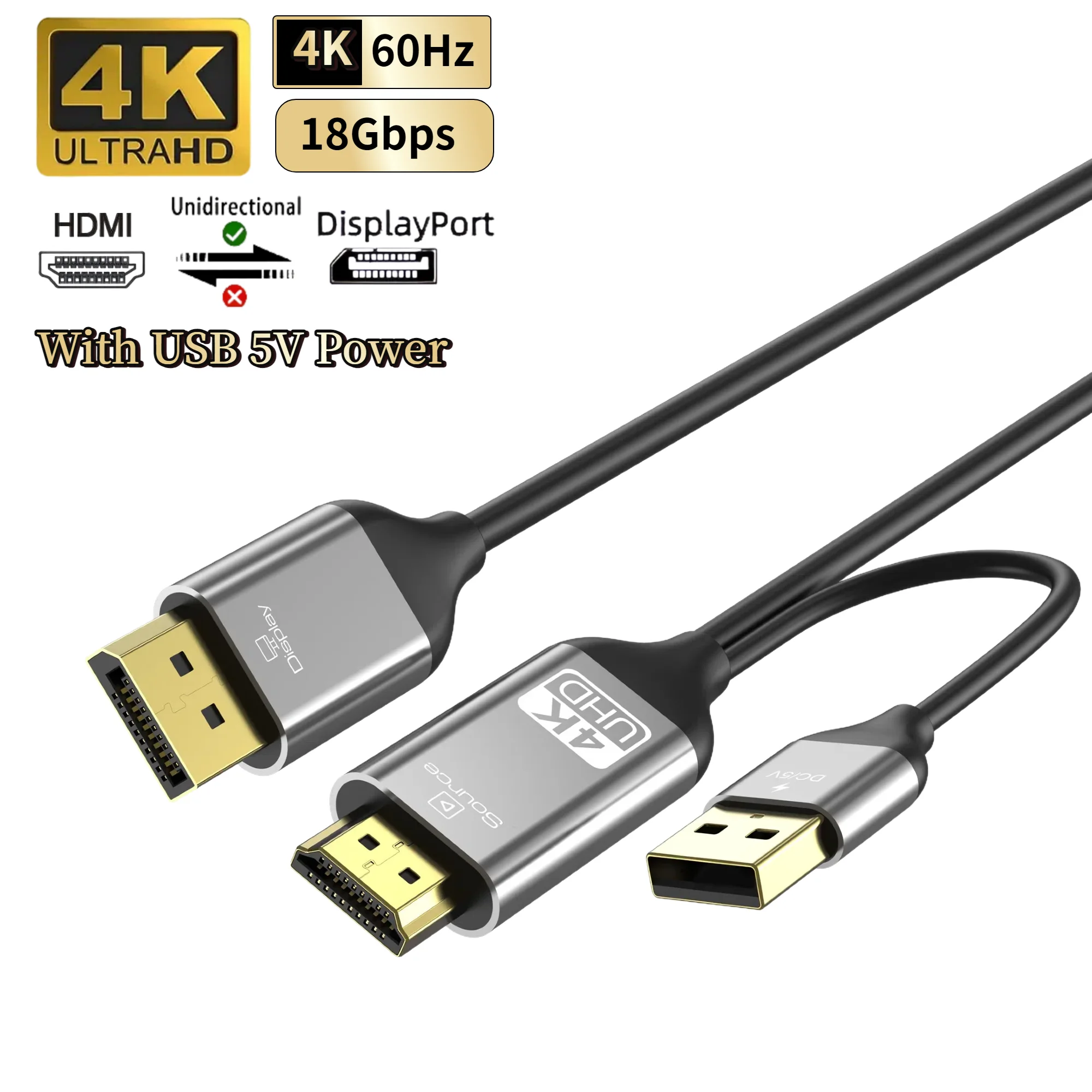 Cable 4K HDMI a DisplayPort 4K @ 60Hz Unidireccional Adaptador HDMI a DP Fuente activa a DP (Monitor) Cable Compatible PC Portátil