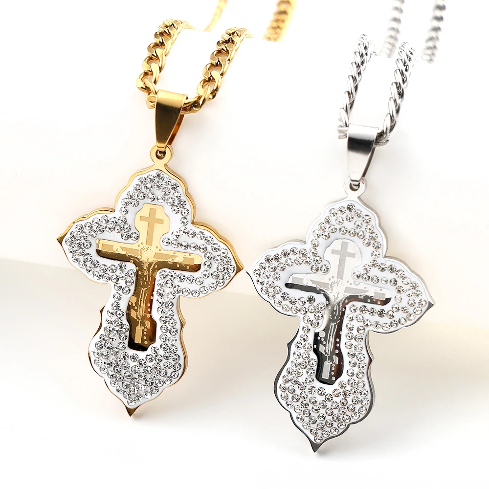 Collier pendentif croix orthodoxe Jésus pour femmes et hommes, couleur argent, acier inoxydable, entièrement orné de strass, amulette crucifix, bijoux avec chaîne