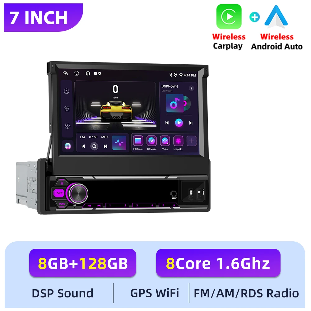 Podofo 1DIN 6+128G Auto Intelligent Systeem Carplay Android Auto GPS Mirror Link WIFI GPS FM Auto Audio Handmatig Telescopisch Scherm