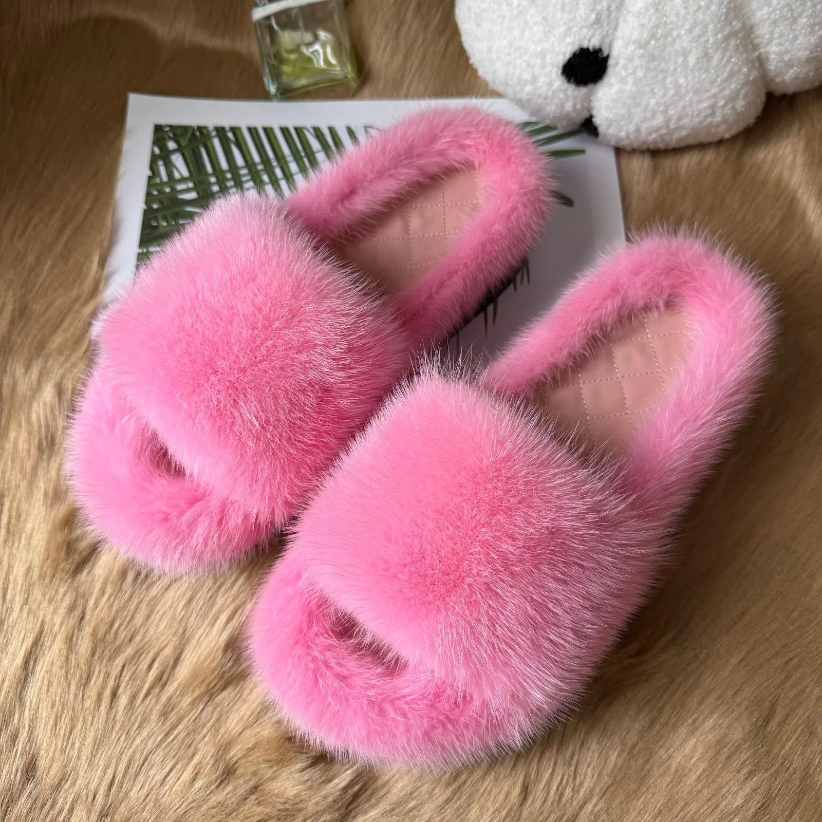 Dicke, warme Hausschuhe aus echtem Nerzfell für Damen, flauschige Pantoffeln, luxuriöse, warme Plüschfell-Schuhe für den Winter. – Detail 16