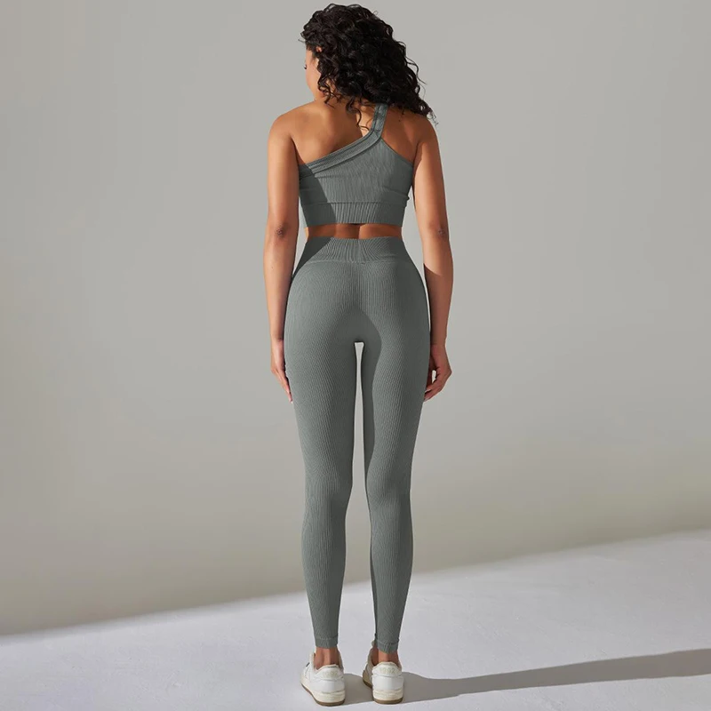 Sexy Gym Sportswear Set One Shoulder Crop Top High Waist Leggings Ribbed Two Piece Set Workout Clothes For Women Yoga Wear