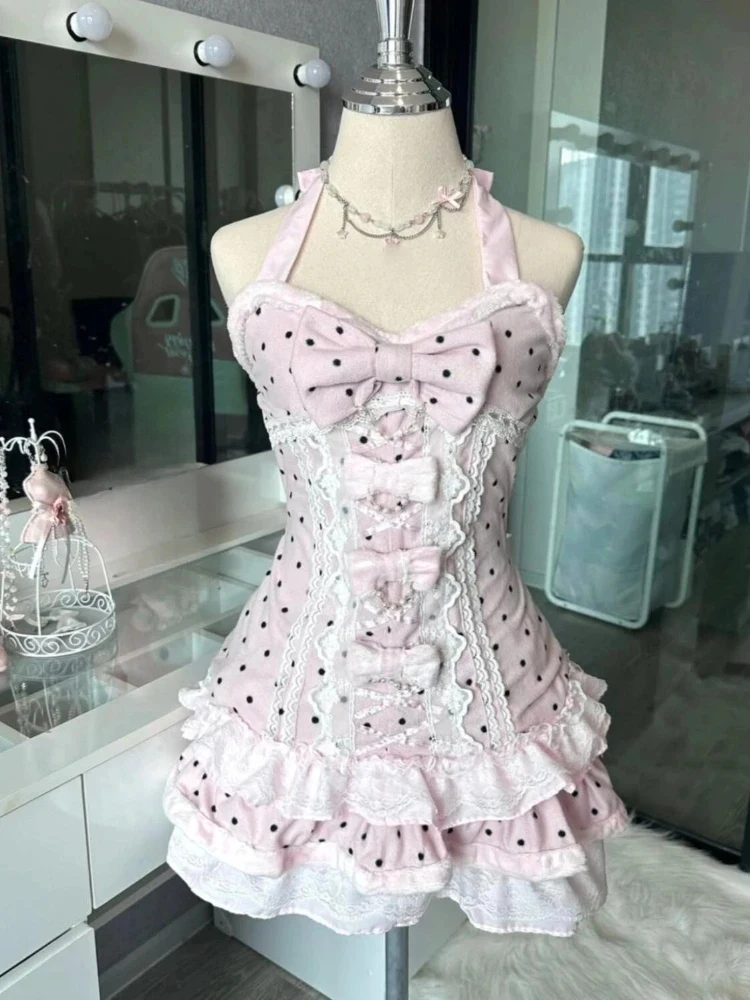 فستان نسائي وردي بدون أكمام بنقاط كاواي حلوة كورية خرافية Y2k بخصر نحيف تونك فيستدوس أنيق لطيف بفيونكة فساتين رسن للنساء