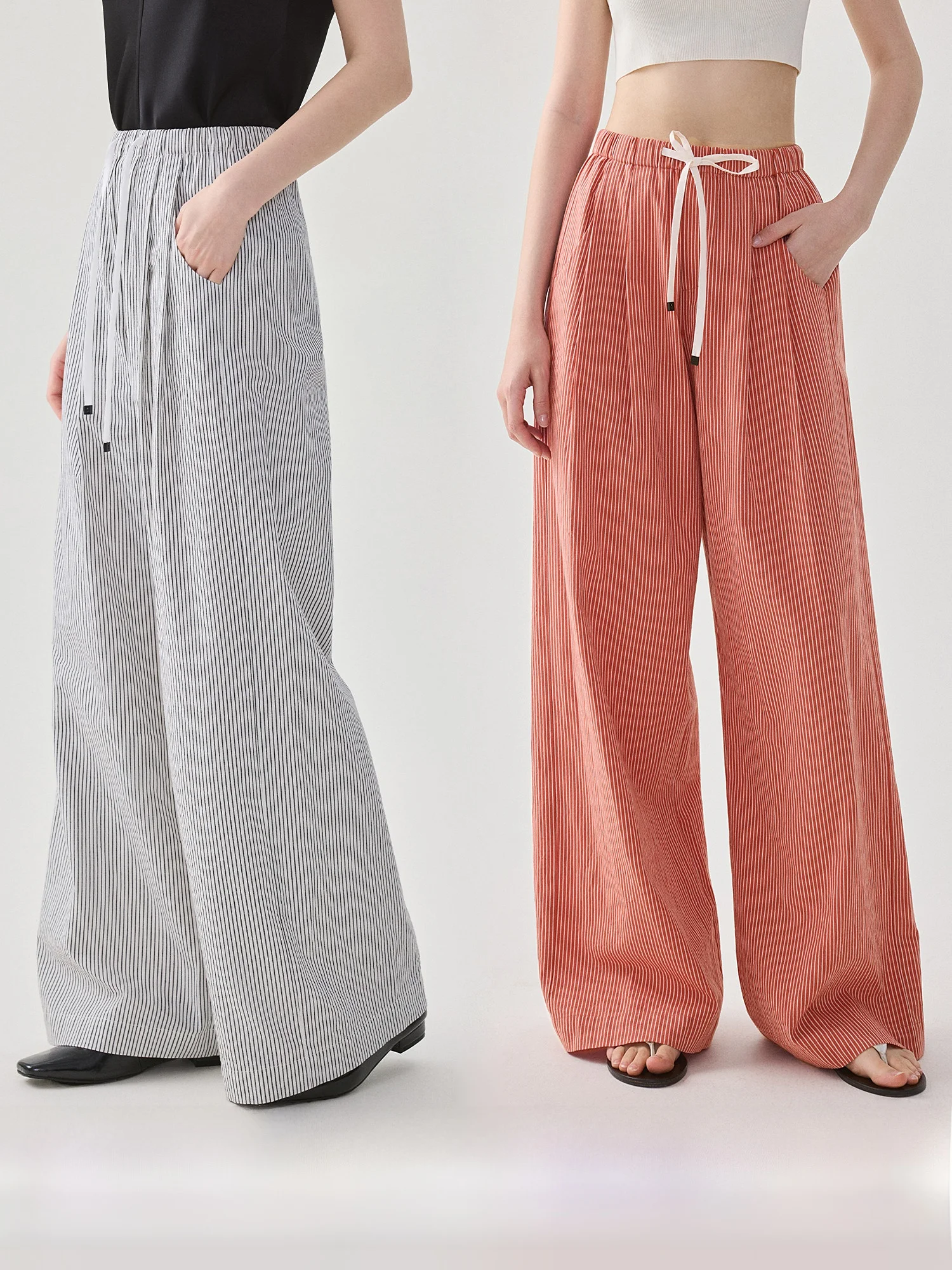 

Хлопковые льняные брюки в полоску для женщин, новинка весеннего сезона, повседневный комплект, свободные прямые брюки с завязками на талии, удобные, с завышенной талией