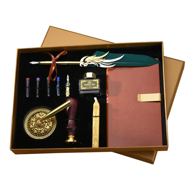 Feather Pen And Ink Set Antique Feather Pen For Writing Quill Pen Set,With Extraction Tube Pen Notebook Fire Paint Seal For Gift