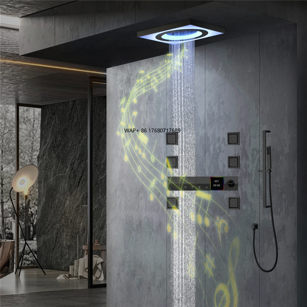 24 Inch Rain & Waterfall LED Shower Head with Music Speaker Bathroom Thermostatic Control Shower Faucet Set