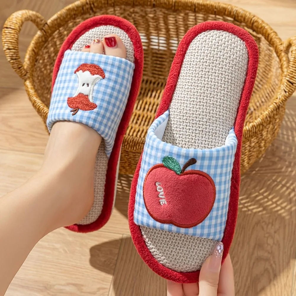 

Soft Strawberry House Linen Slippers Grid Stripe Anti-slip Indoor Slippers Soft Sole Flax Home Wear Shoes Bedroom