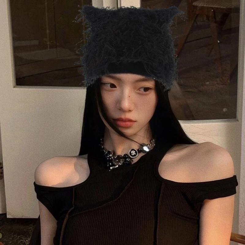 400A Thick Warm Hat with Cats Ear Popular Skull Hat Autumn Winter Hat Casual Warm Pullover Hat for Skiing Hiking