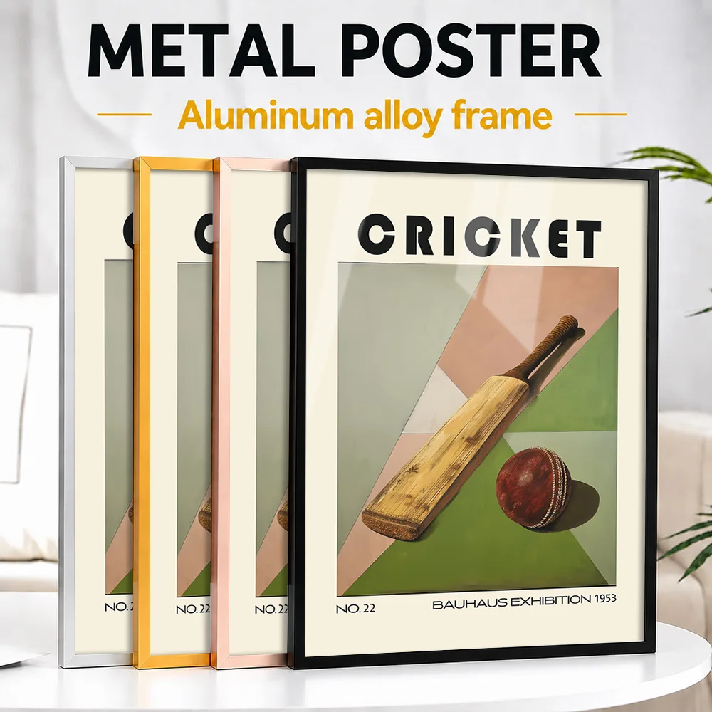 Cricket Bauhaus Mid Century Framed Metal Poster Personalized Photo Vintage Batting Style Wall Art For Study Unique Player Gift