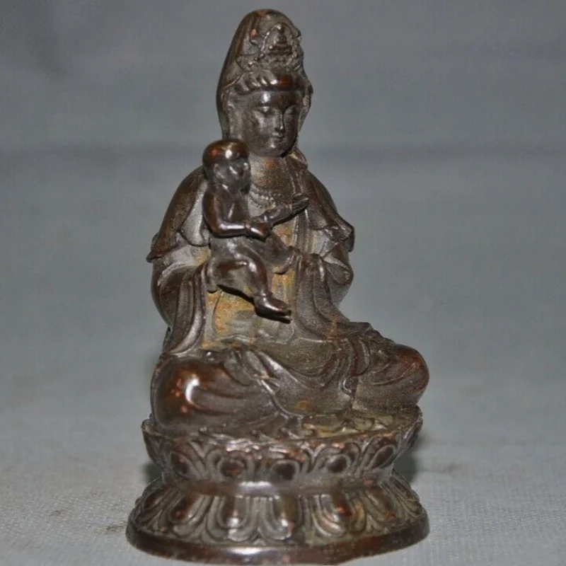 Chinese Buddhism Vintage Carved bronze Kwan-Yin Guanyin Bodhisattva goddess Buddha statue