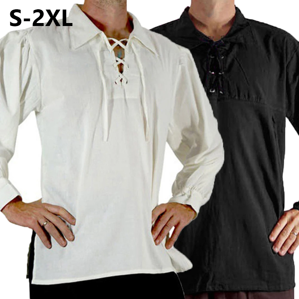 Men Medieval Renaissance Costume Pirate Shirt Grooms Tunic Top Gothic Men Lace Up Shirt Middle Age Cosplay Top Halloween Costume
