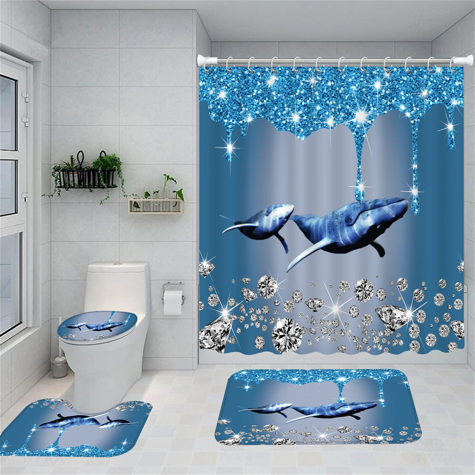 1PC/4PCS Bathroom shower curtain set, Blue Diamond Shark Shower curtain set, non-slip bath mat Shower curtain set with shower cu