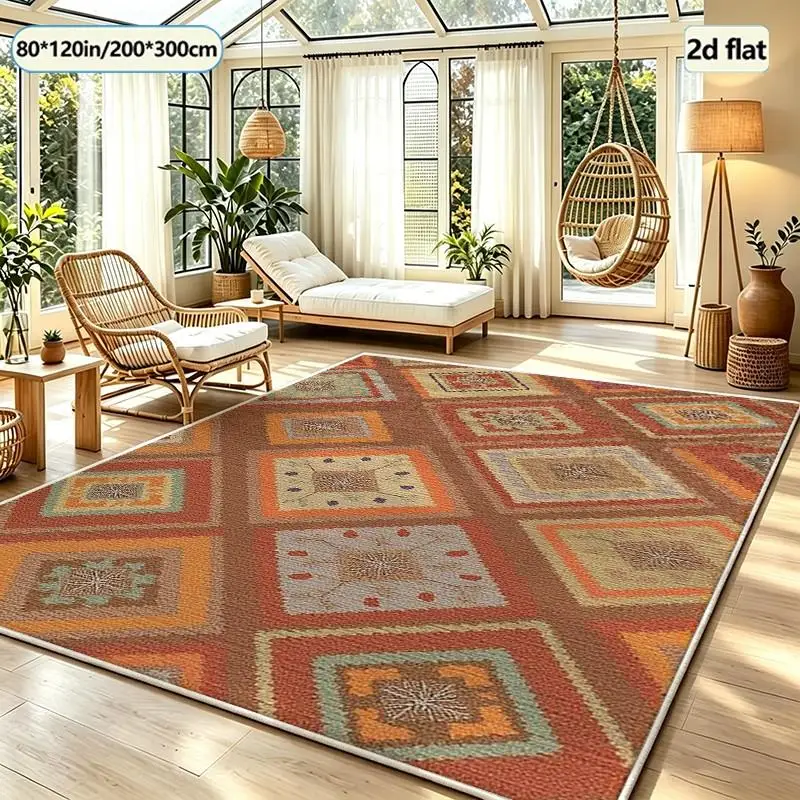 Vintage Bohemian Style Square Diamond Patchwork Carpet Non-Slip Carpet Soft Indoor Living Room Bedroom Home Decor Floor Mat