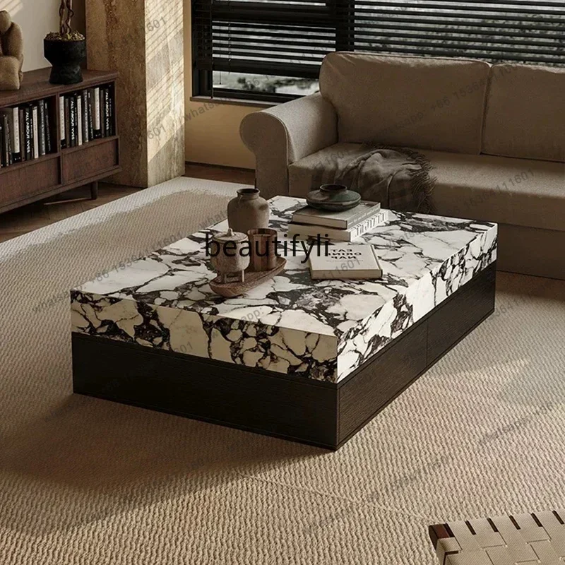 

Modern light luxury marble, black square coffee table, living room small apartment size combination minimalist