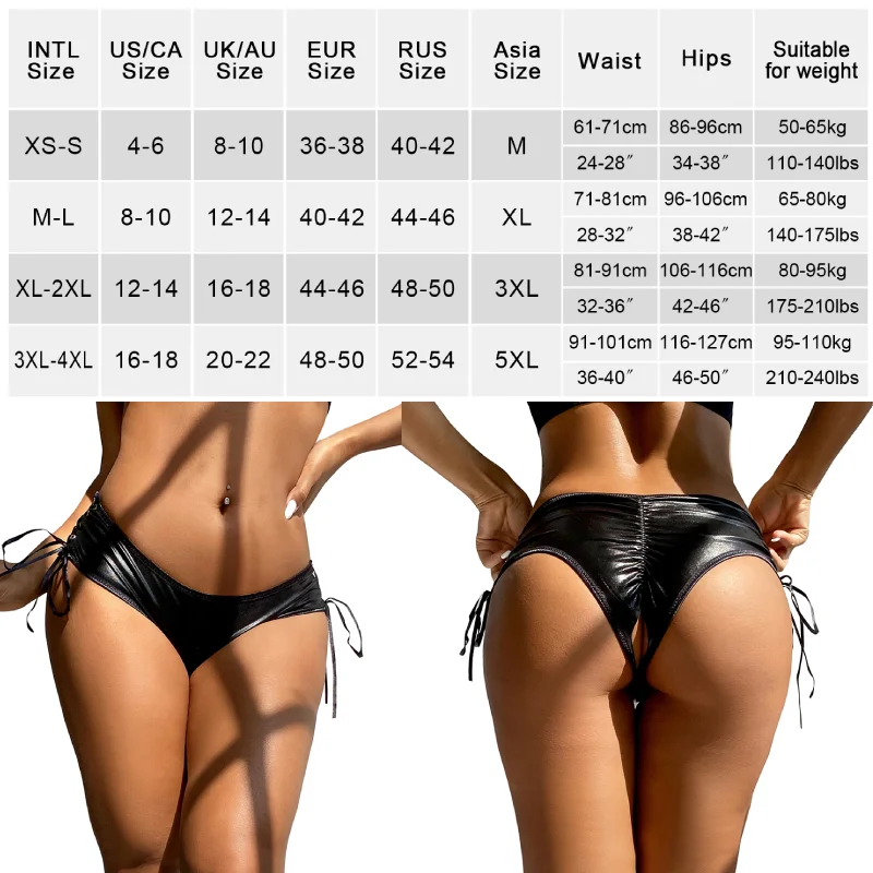 Fashion Black Leather Lacing Briefs Women Low Waist Lingerie Sexy Plump Panties Crotchless Plus Size Knickers Bandage Underpants