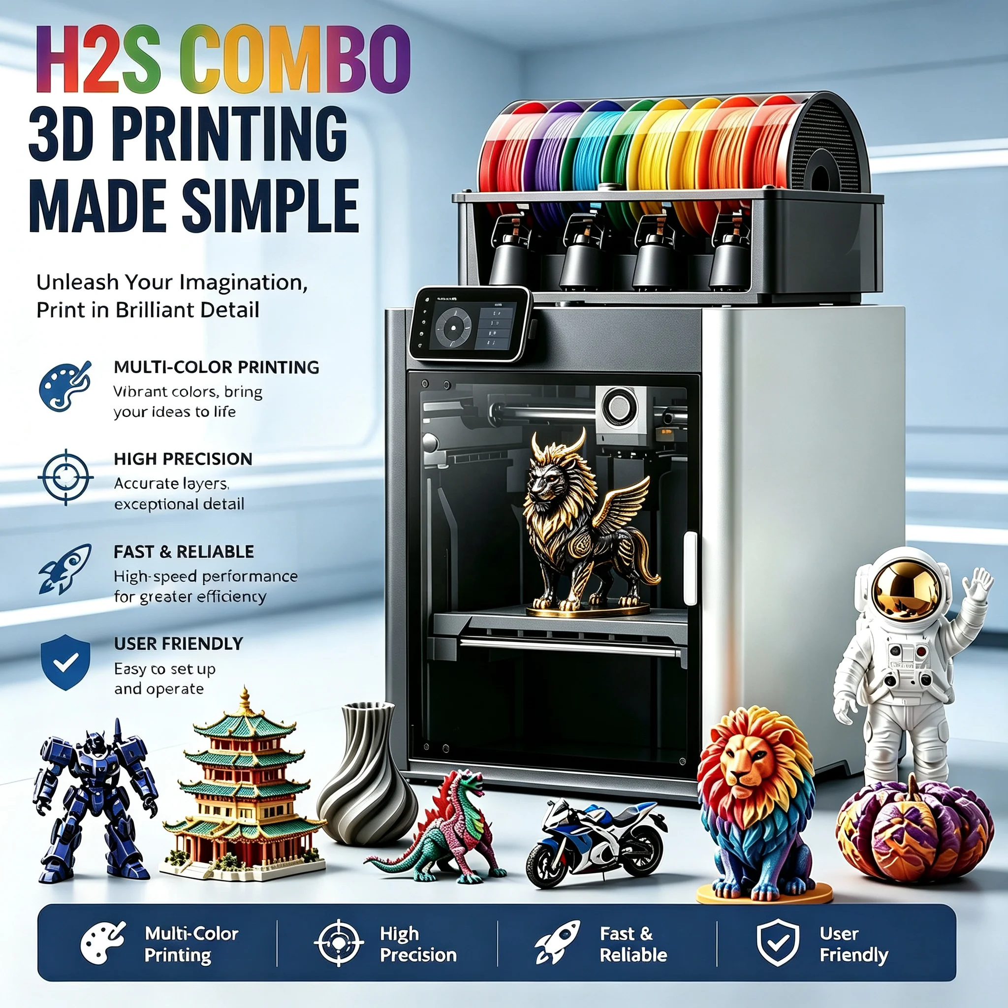 Global Original H2S AMS Combo 3D Printer 340*320*340mm FDM Printer High-Speed Closed Core-XY Mul-color FDM 3D Printer