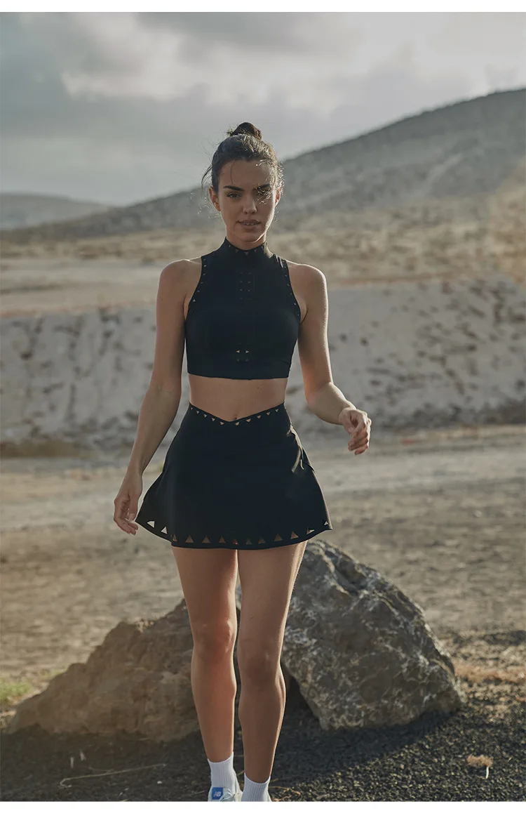 جديد جميل الظهر جوفاء خارج سترة يوجا عالية الرقبة جوفاء خارج اليوغا أعلى كلمة الخامس الخصر بطانة التنس تنورة قصيرة مجموعة #5