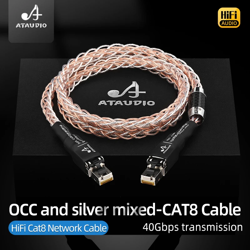 ATAUDIO Cat8 Ethernet Cable for Router Laptop 40Gbps High Speed 2000Mhz OCC-Silver Hybrid Wire RJ45 Network Patch Cord