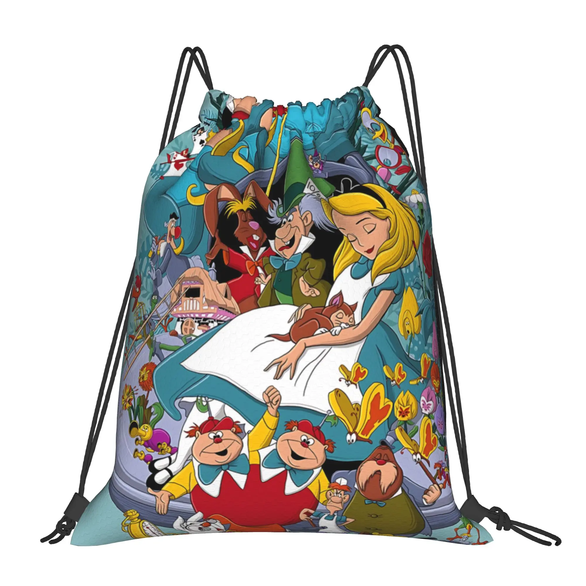 1 unidad de bolsas portátiles con cordón para compras, mochilas de almacenamiento, diseño de Alicia en el País de las Maravillas