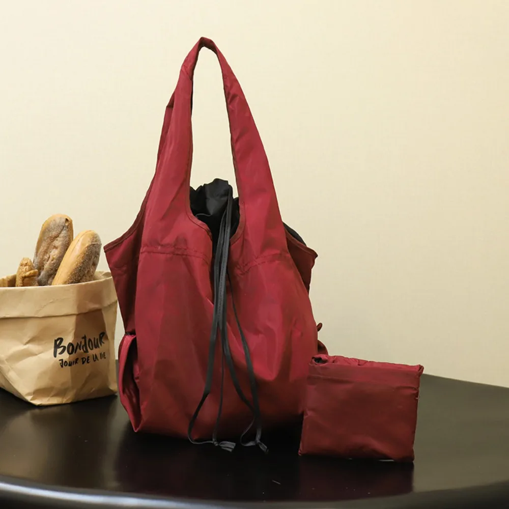 Reusable Drawstring Design Handbag Waterproof Nylon Foldable Shopping Bag Large Capacity Tote Bag Travel Grocery Bag Women