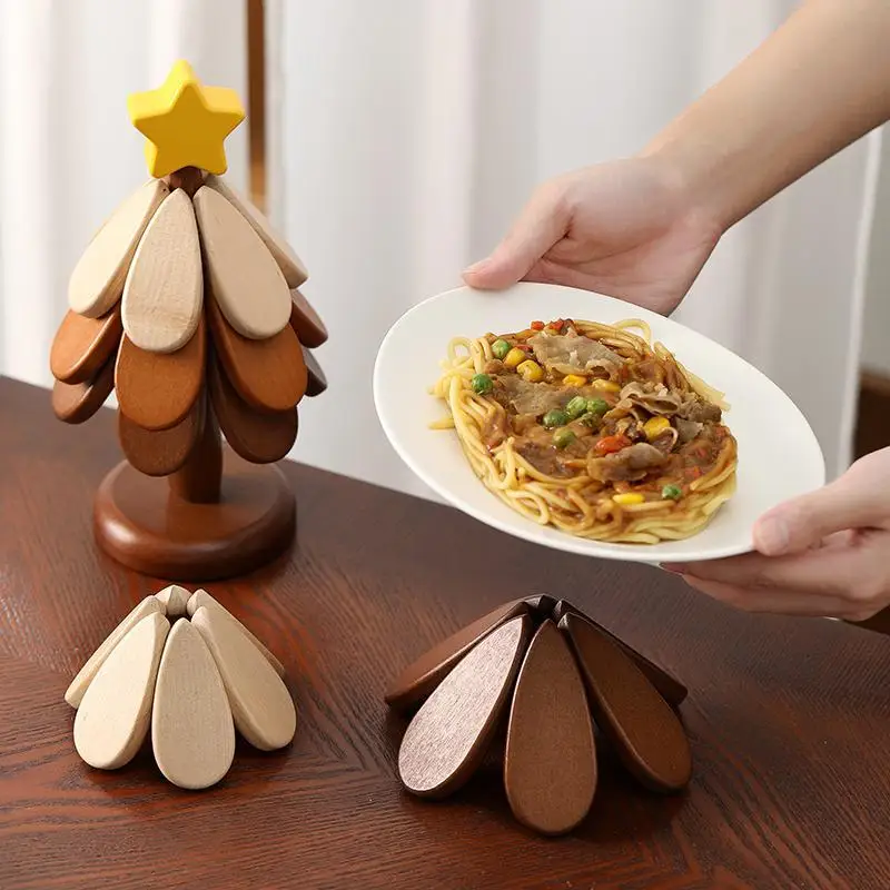 Christmas Tree Insulated Placemats Food Grade Creative Cute Foldable 3pcs with Brackets Wooden Home Desktop Coasters Gifts